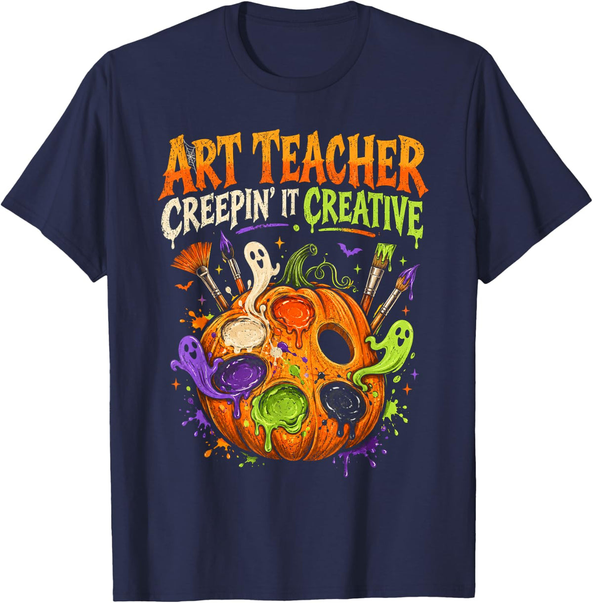 Halloween Art Teacher Creepin It Creative Pumpkin Graphic T-Shirt - Navy Blue