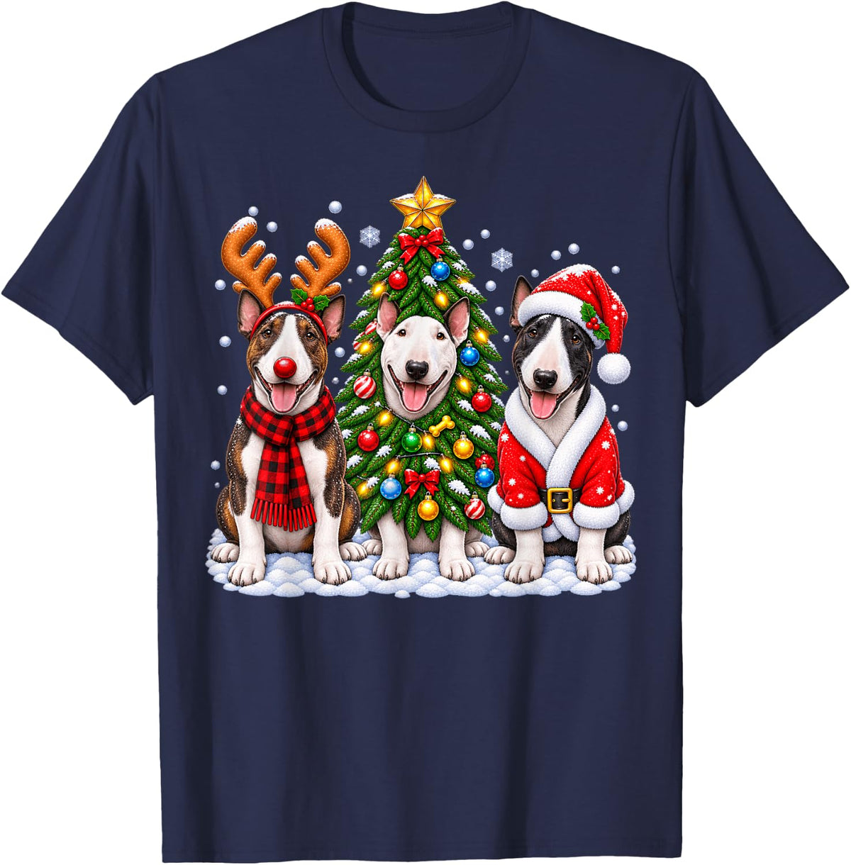 Bull Terrier Dog Merry Christmas Santa Hat Holidays Xmas T-Shirt - Navy Blue