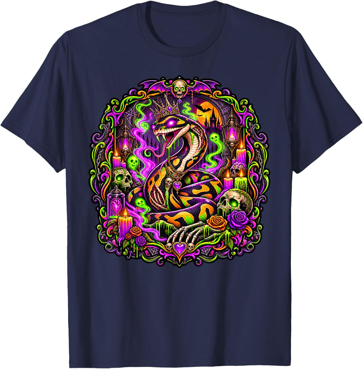 Ball Python Snake Skulls Skeletons Spooky Scary Horror T-Shirt - Navy Blue