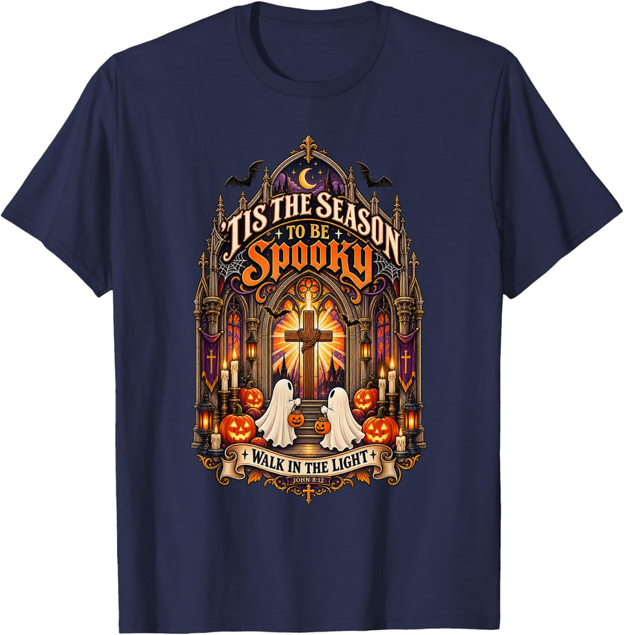 Tis The Season to Be Spooky Christian Halloween Light Cross T-Shirt - Navy Blue