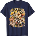 Happy New Year Raccoon Selfie Gold Hat Toast Party Art T-Shirt - Navy Blue