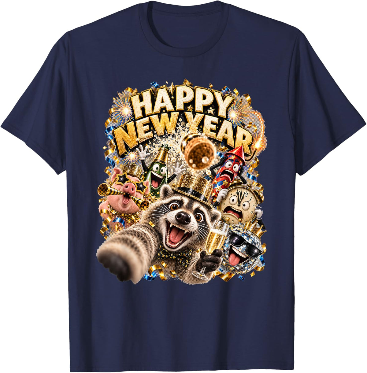 Happy New Year Raccoon Selfie Gold Hat Toast Party Art T-Shirt - Navy Blue