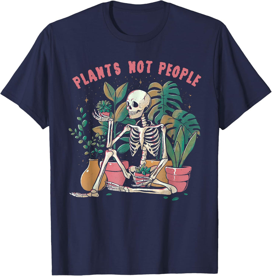 Plants Not People Skeleton Spooky Season Happy Halloween T-Shirt - Navy Blue