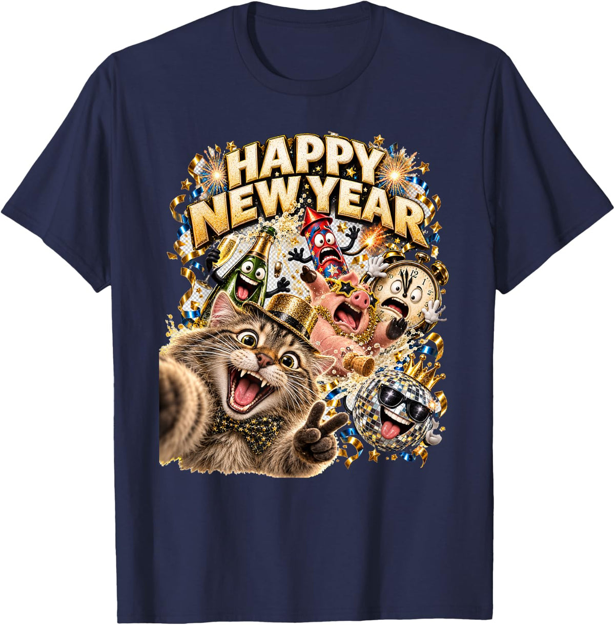 Happy New Year Cat Selfie Close Up Tabby Party Art T-Shirt - Navy Blue