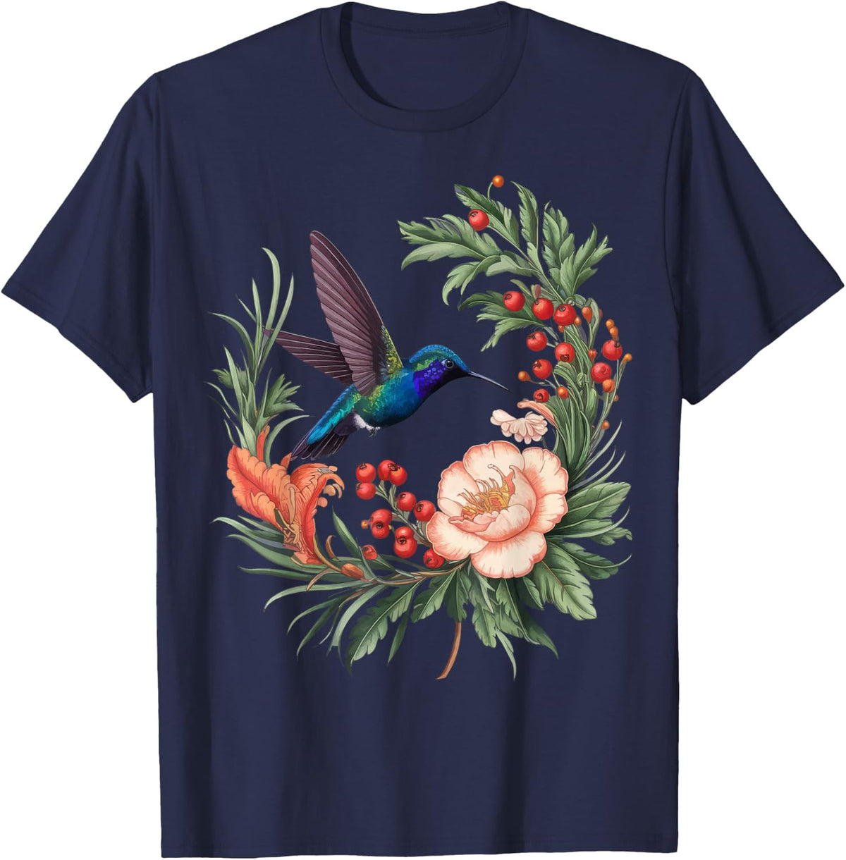 Hummingbird Floral Flower Botanist Hummingbird T-Shirt - Navy Blue