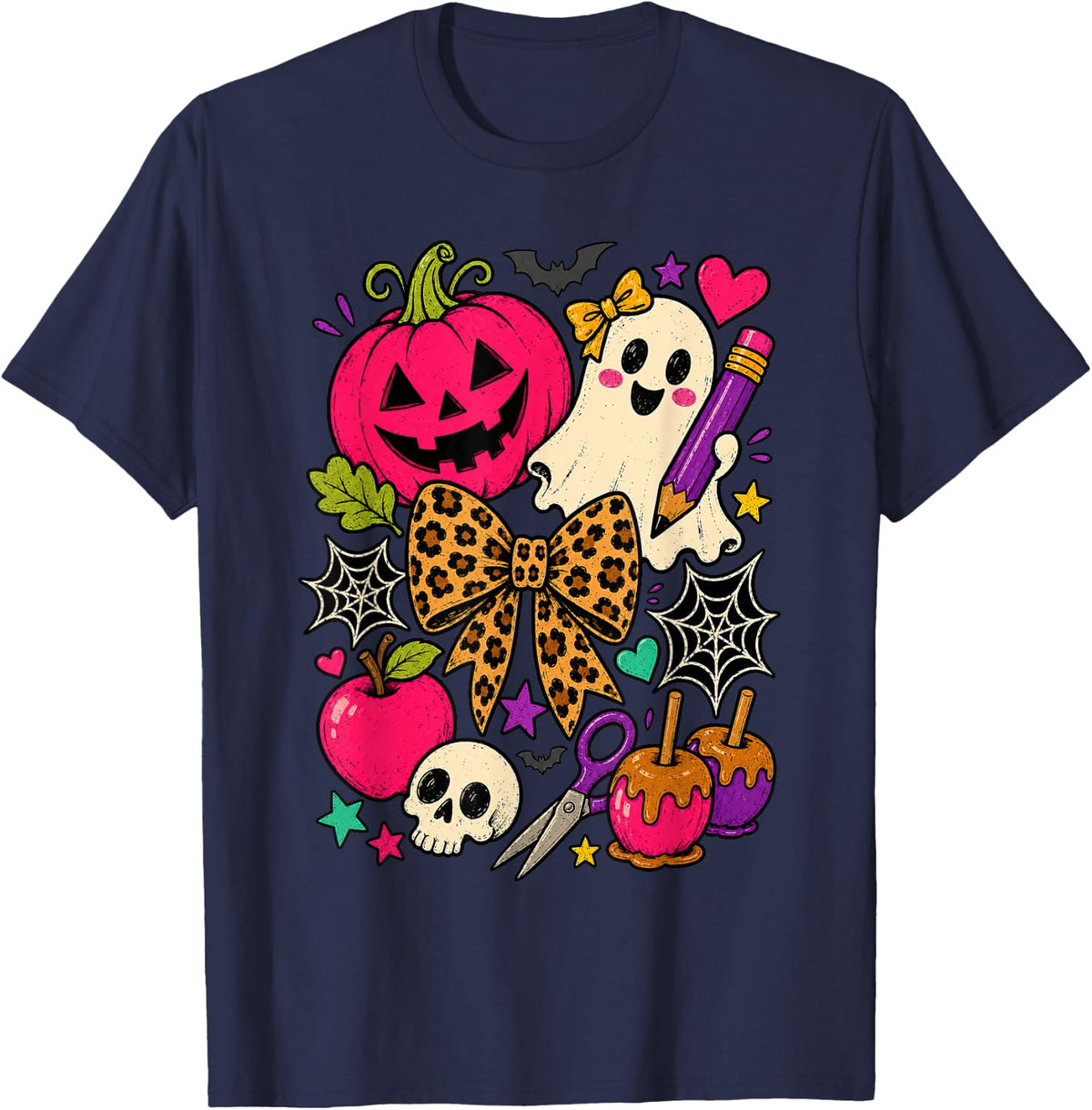 Funny Halloween Teacher Cute Ghost Pumpkin Boo Spooky Season T-Shirt - Navy Blue