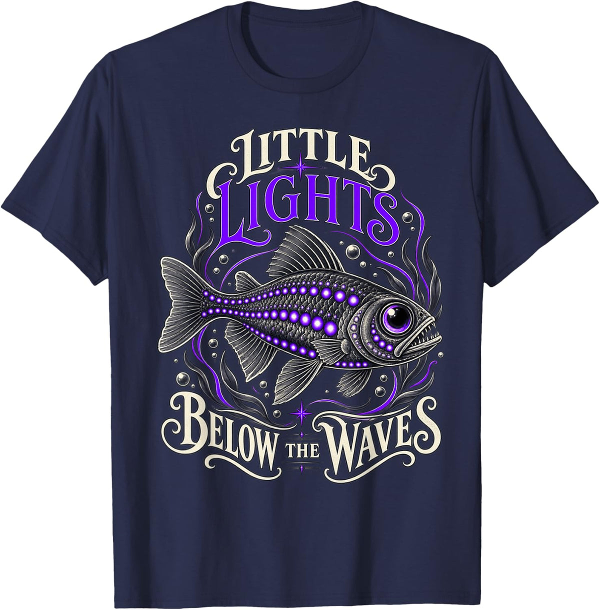 Retro Ocean Bioluminescent Fish Art T-Shirt - Navy Blue