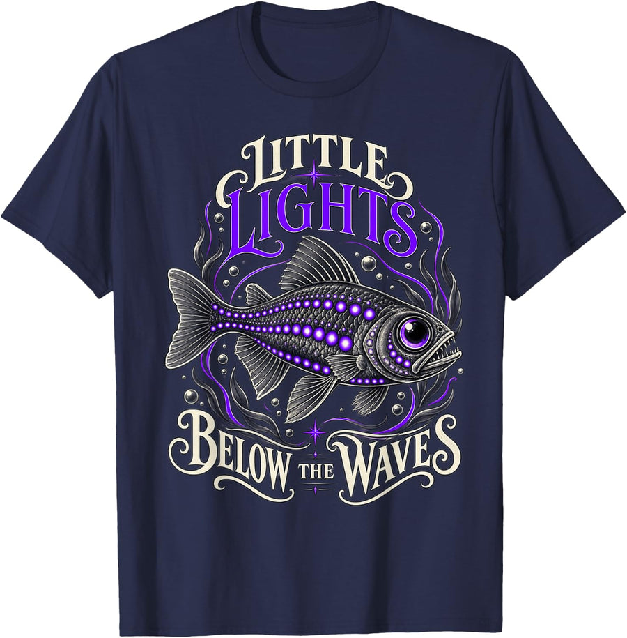 Retro Ocean Bioluminescent Fish Art T-Shirt - Navy Blue