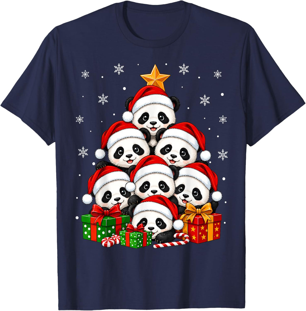 Panda Christmas Tree Cute Animal Festive Santa Panda Xmas T-Shirt - Navy Blue