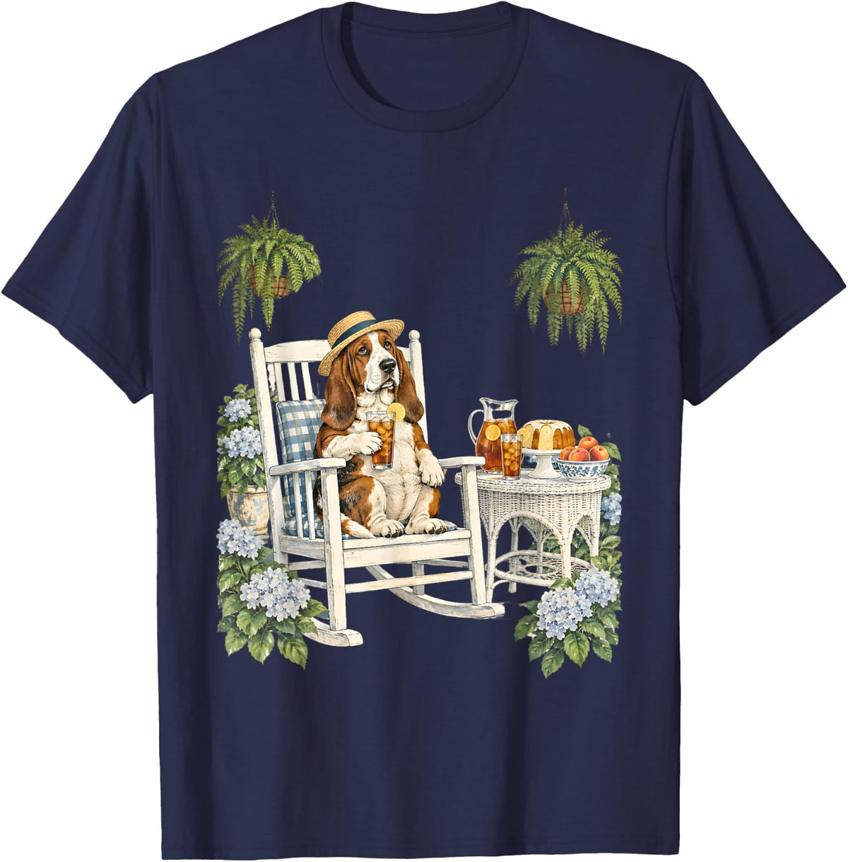 Basset Hound Relaxing with Iced Tea and Summer Treats T-Shirt - Navy Blue
