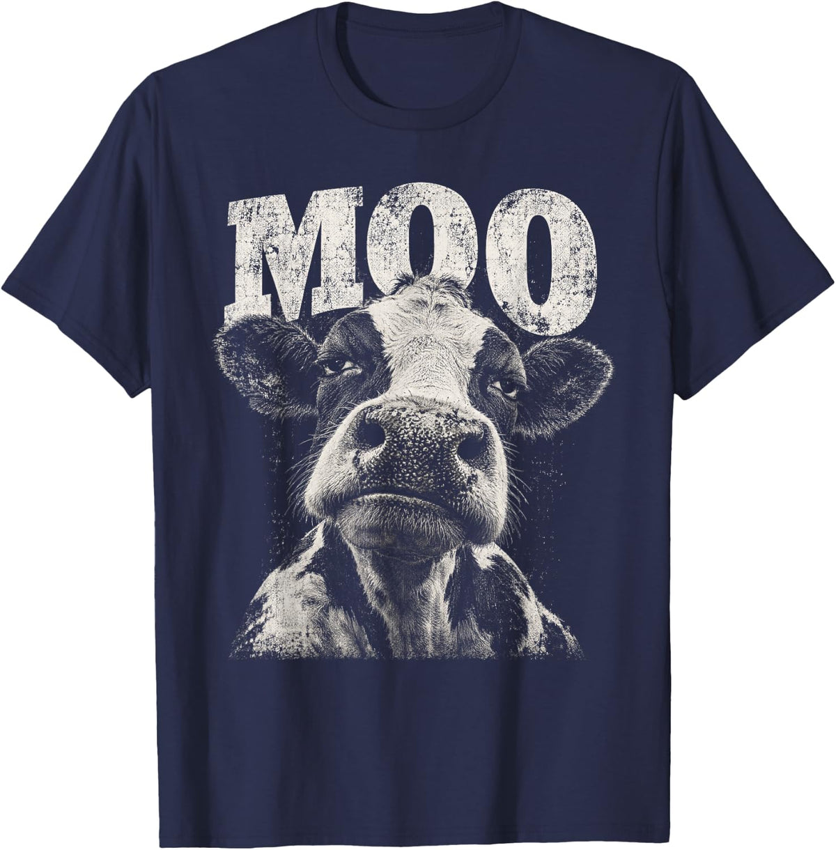 Humorous Cow Face Moo Text Graphic T-Shirt - Navy Blue
