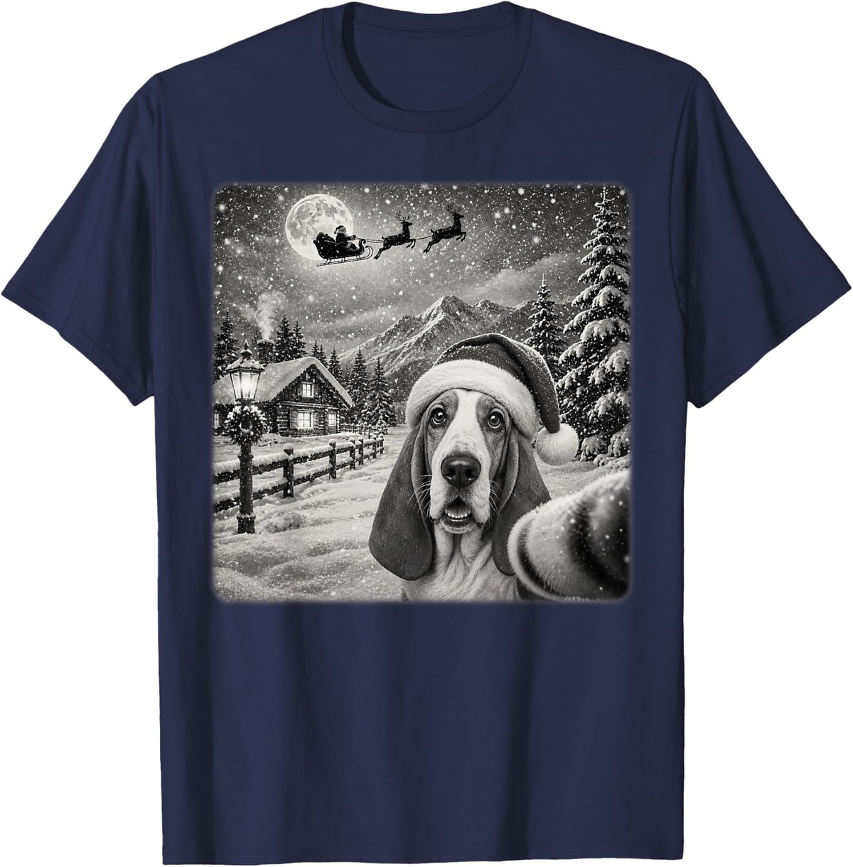 Xmas Moon Night Santa Sleigh Basset Hound Dog Christmas T-Shirt - Navy Blue