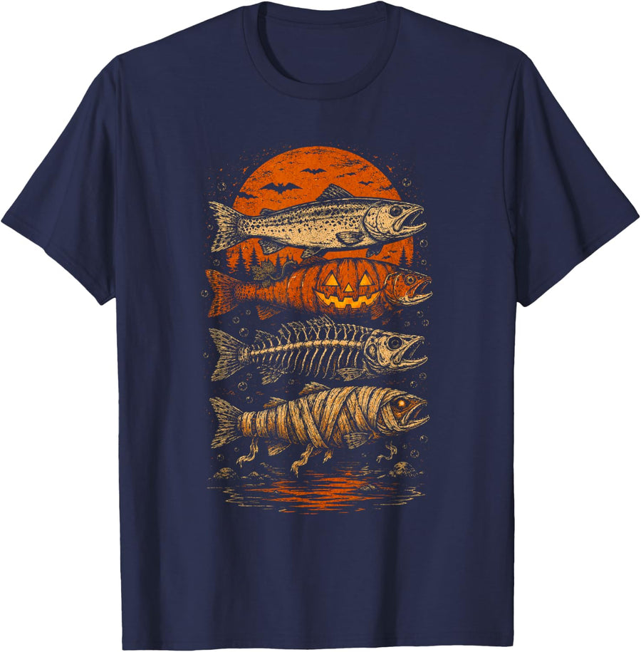 Trout Fish Halloween Fishing Fisherman Spooky Season T-Shirt - Navy Blue