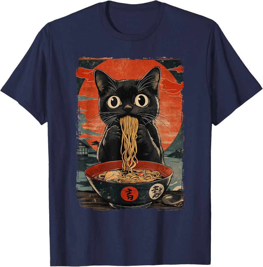 Black Cat Eating Ramen Vintage T-Shirt - Navy Blue