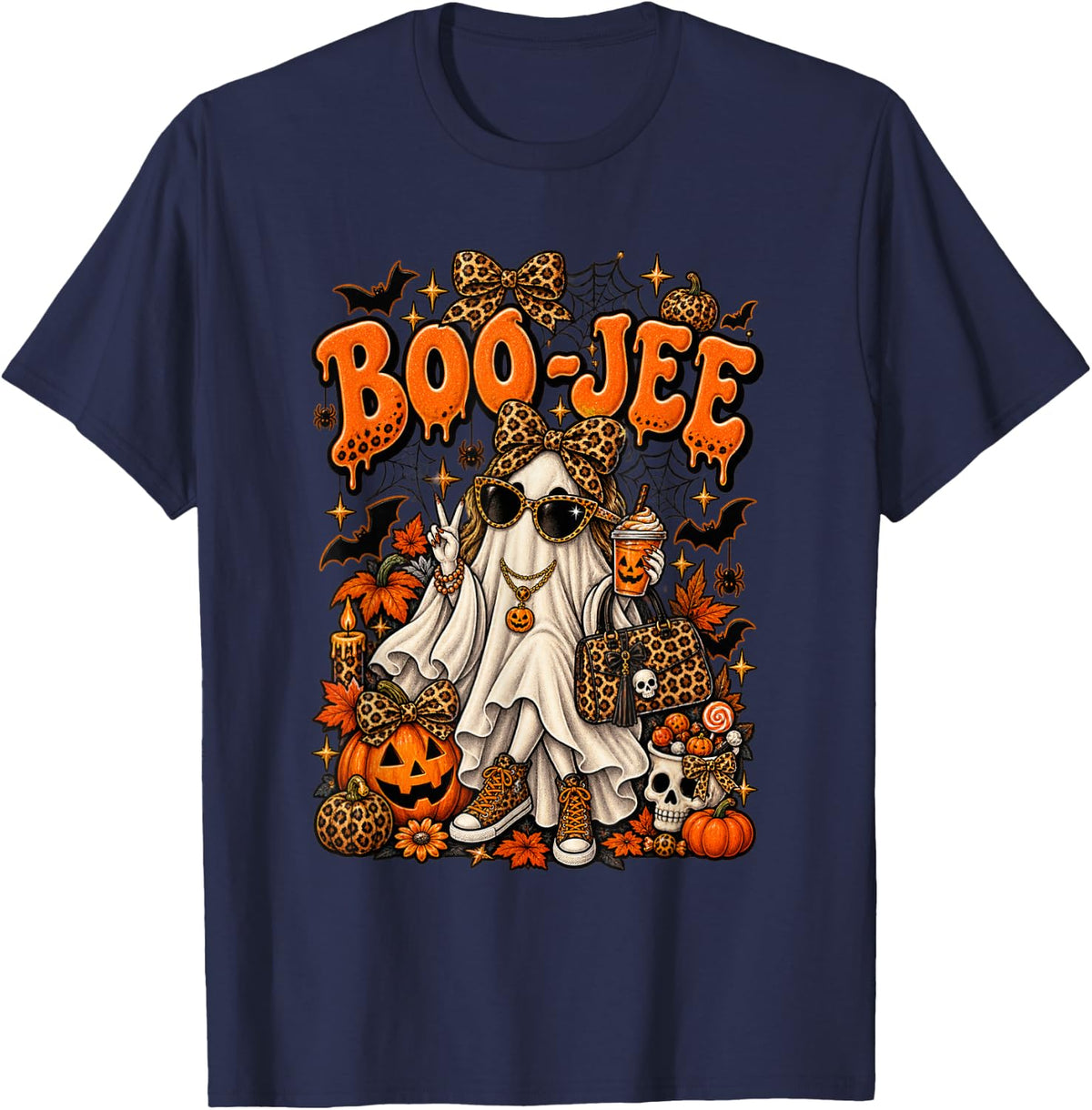 Cute Halloween Ghost Leopard Print Spooky Season T-Shirt - Navy Blue