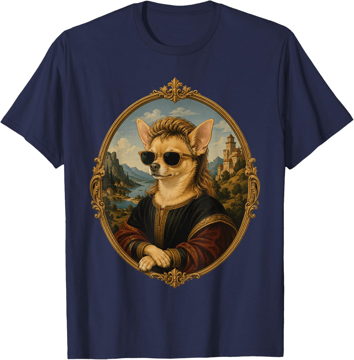 Cool Chihuahua Portrait Sunglasses Renaissance T-Shirt - Navy Blue
