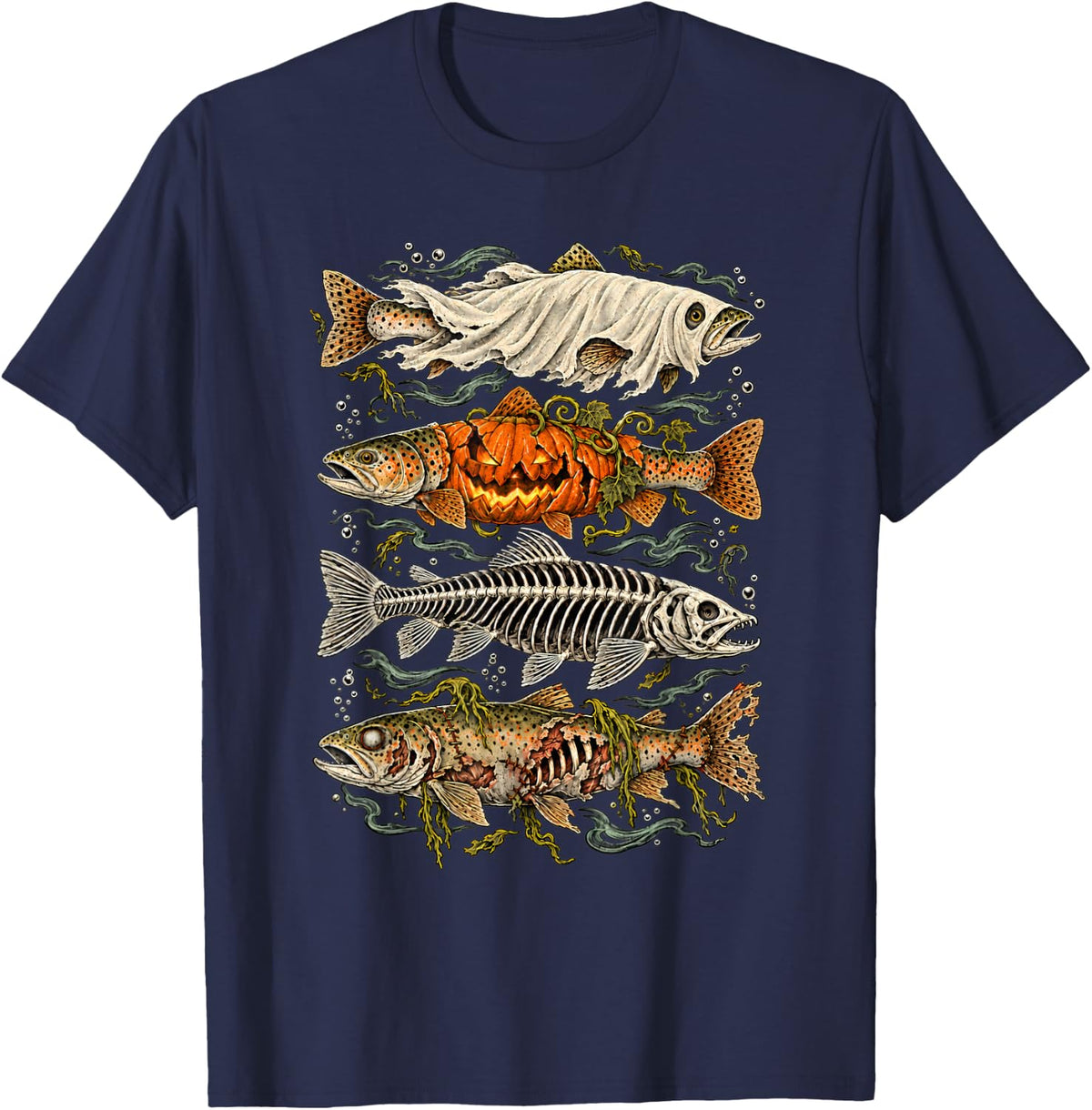 Halloween Fishing Fish Ghost Pumpkin Skeleton Zombie T-Shirt - Navy Blue
