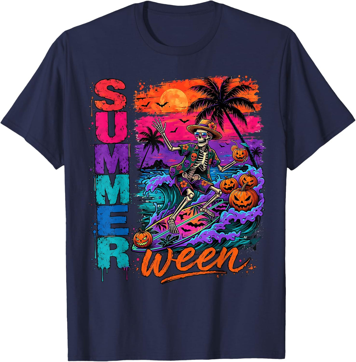 Summer ween Halloween Skeleton Vacation Beach T-Shirt - Navy Blue