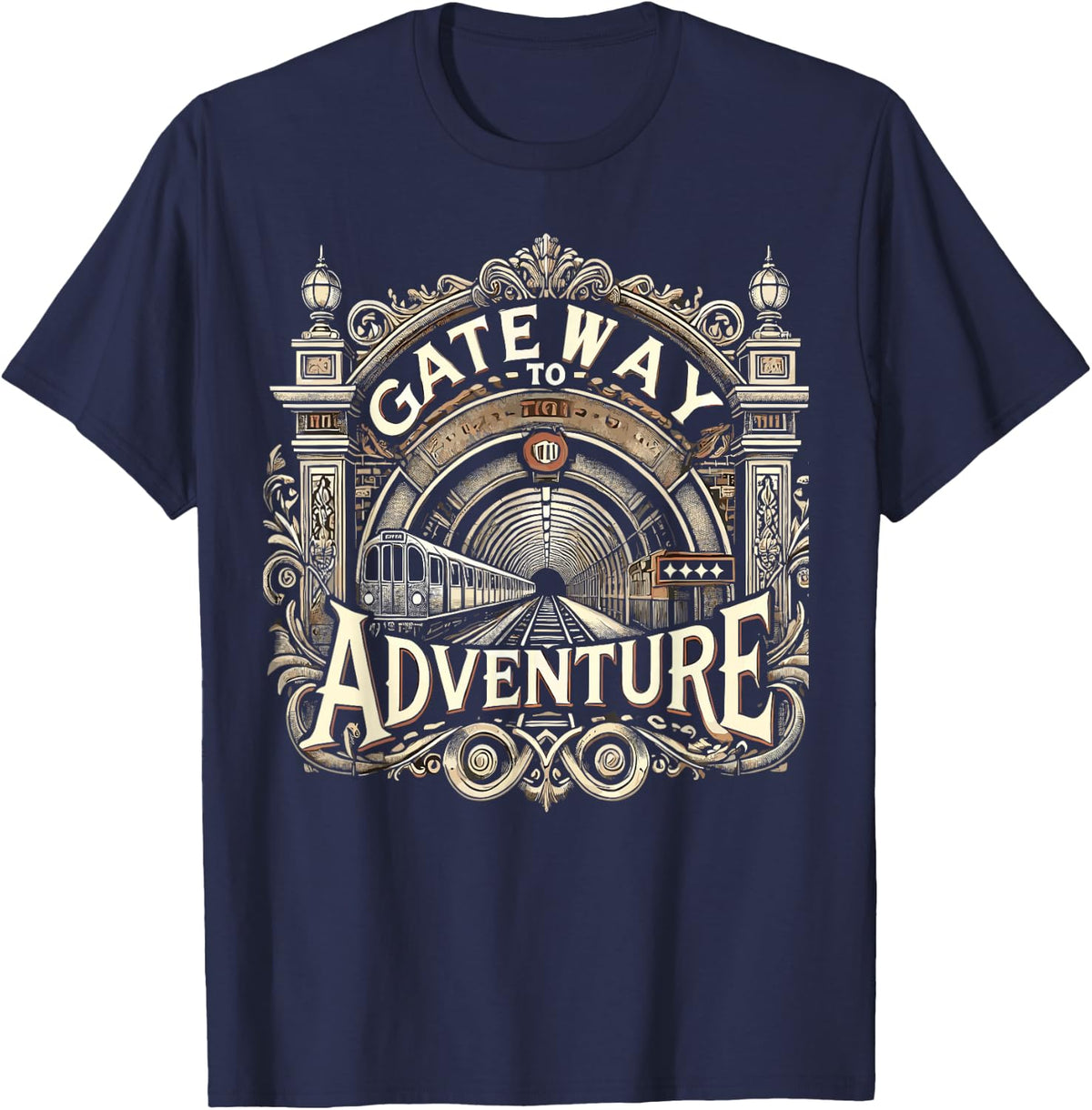 Gateway to Adventure Station Arch Train Railroad Art T-Shirt - Navy Blue