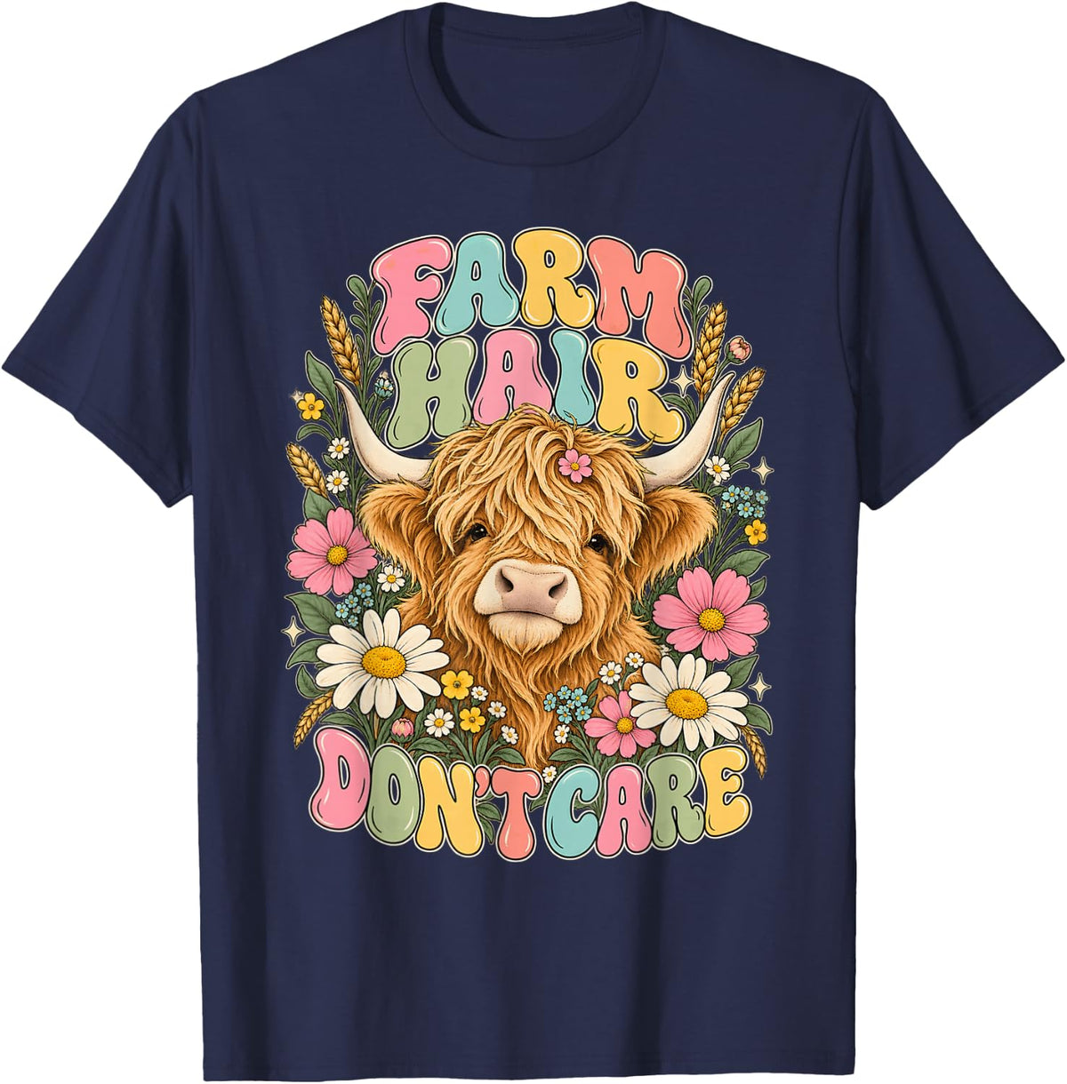 Highland Cow Farm Life Farm Hair Don't Care Floral T-Shirt - Navy Blue