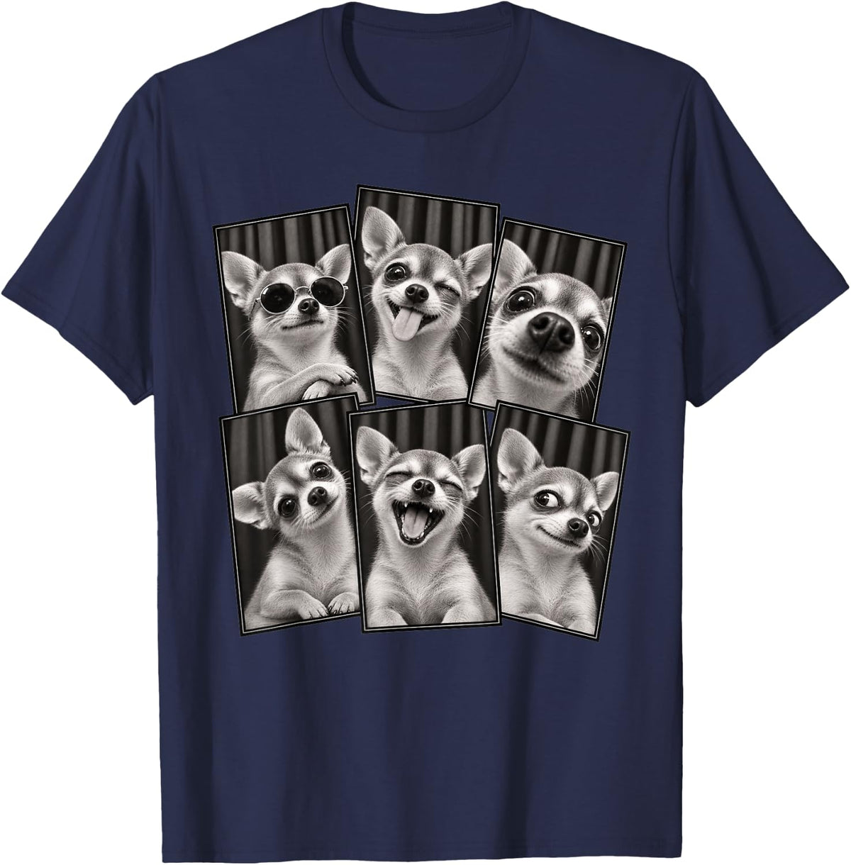 Funny Chihuahua Faces Black and White Photo Booth Collage T-Shirt - Navy Blue
