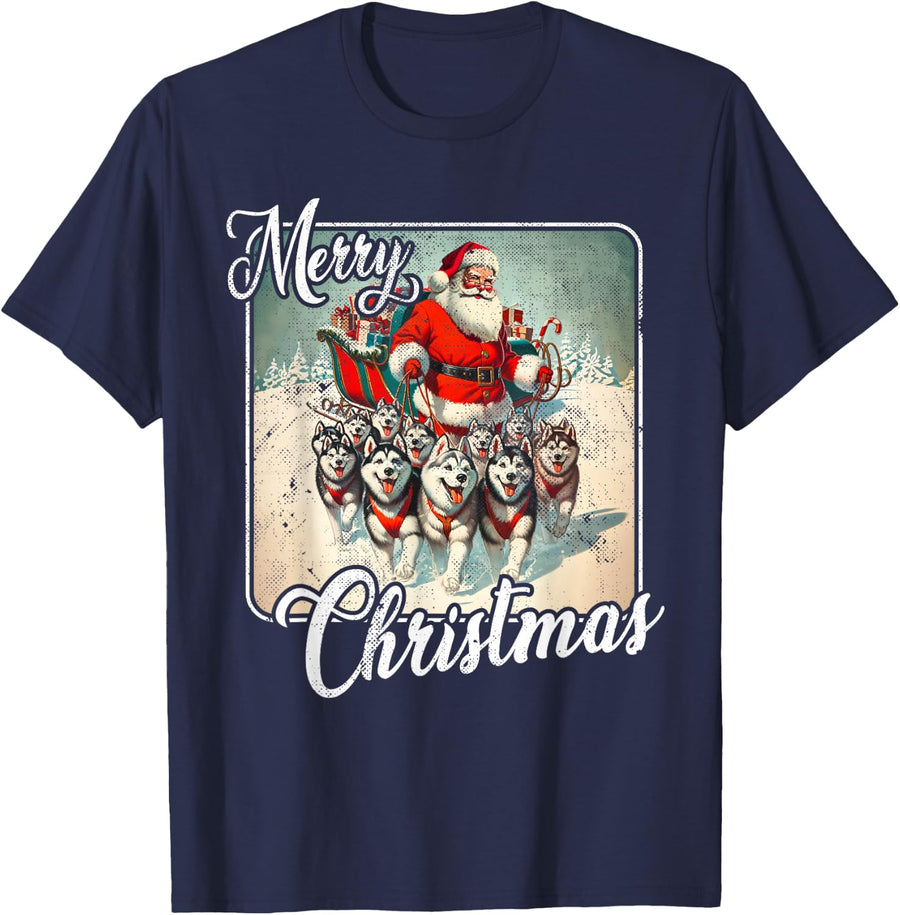 Vintage Husky Family Christmas Huskies Pulling Santa Sleigh T-Shirt - Navy Blue
