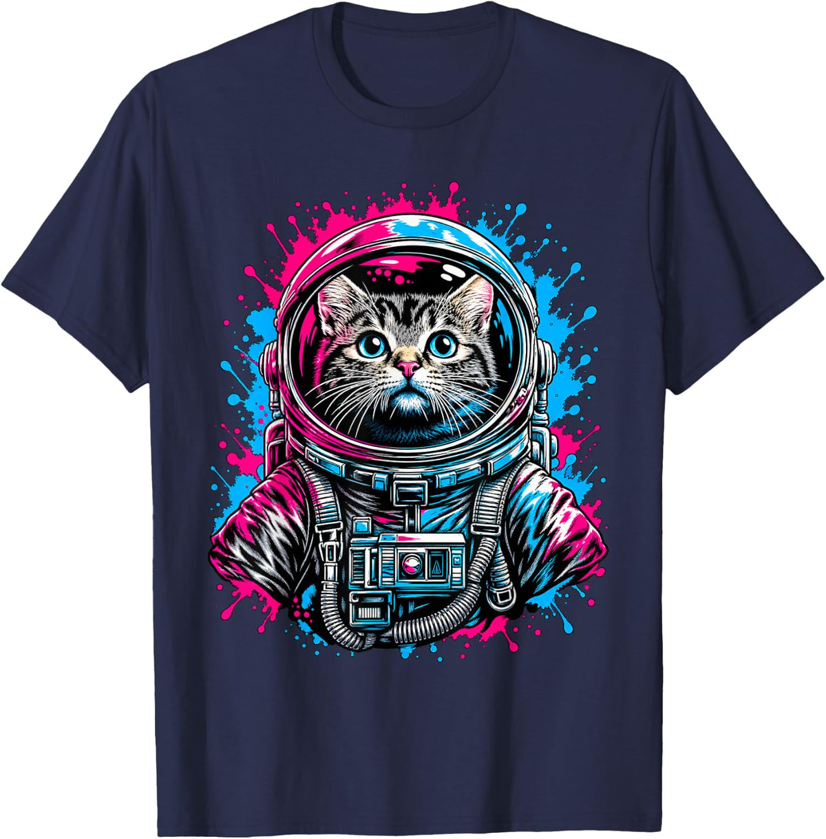 Astronaut Cat Splatter Art - Cute Tabby Kitten in Space T-Shirt - Navy Blue