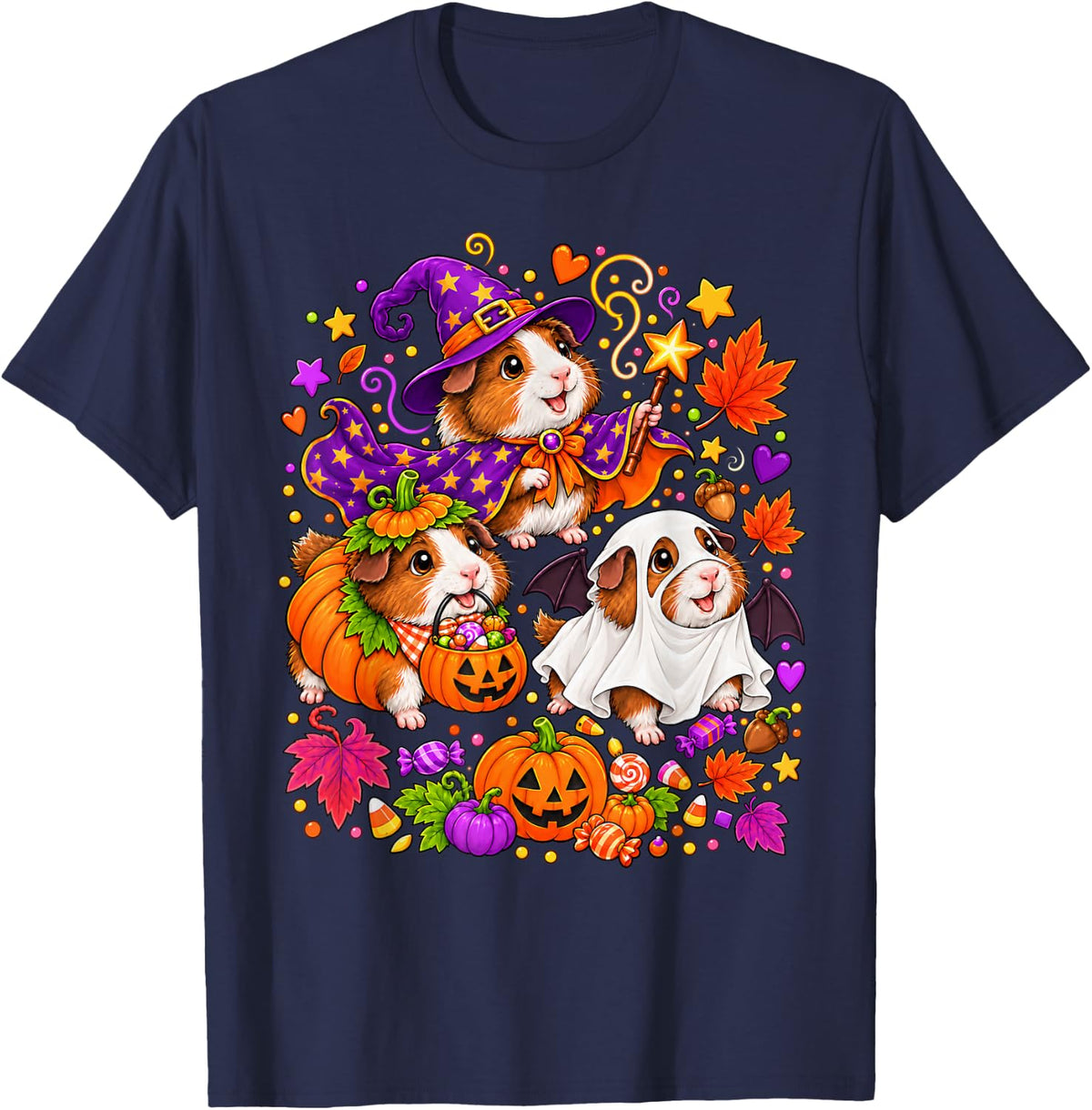 Guinea Pig Halloween Witch Ghost Pumpkin Costume T-Shirt - Navy Blue