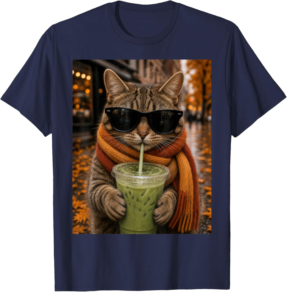 Cat with Sunglasses Scarf and Matcha Autumn Design T-Shirt - Navy Blue