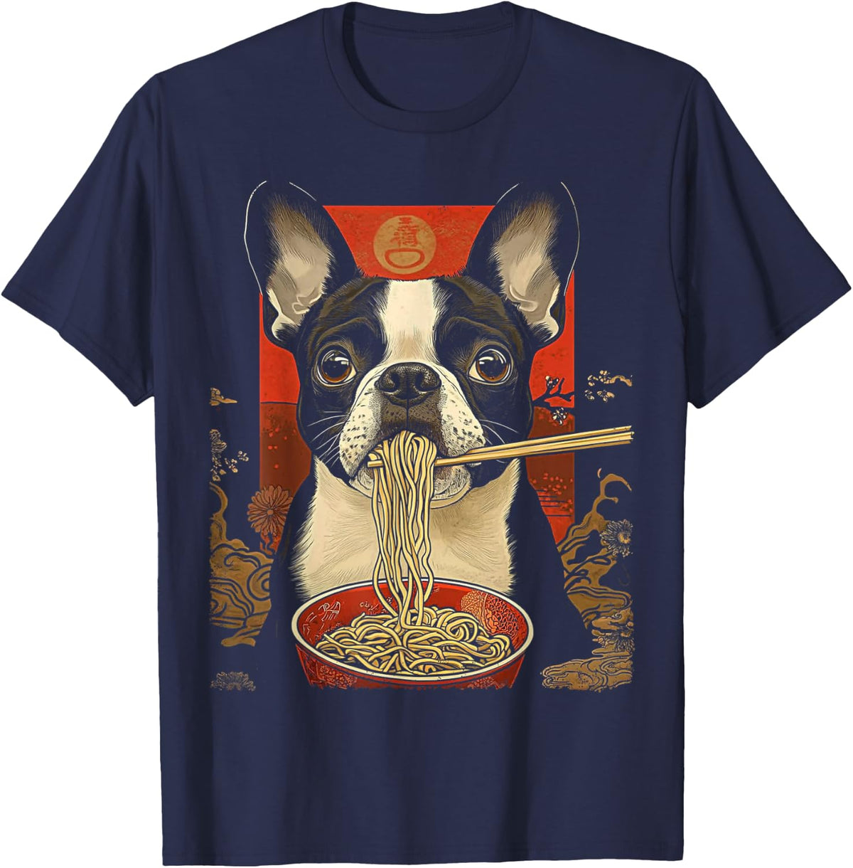 Boston Terrier Dog Eating Ramen Noodles T-Shirt - Navy Blue