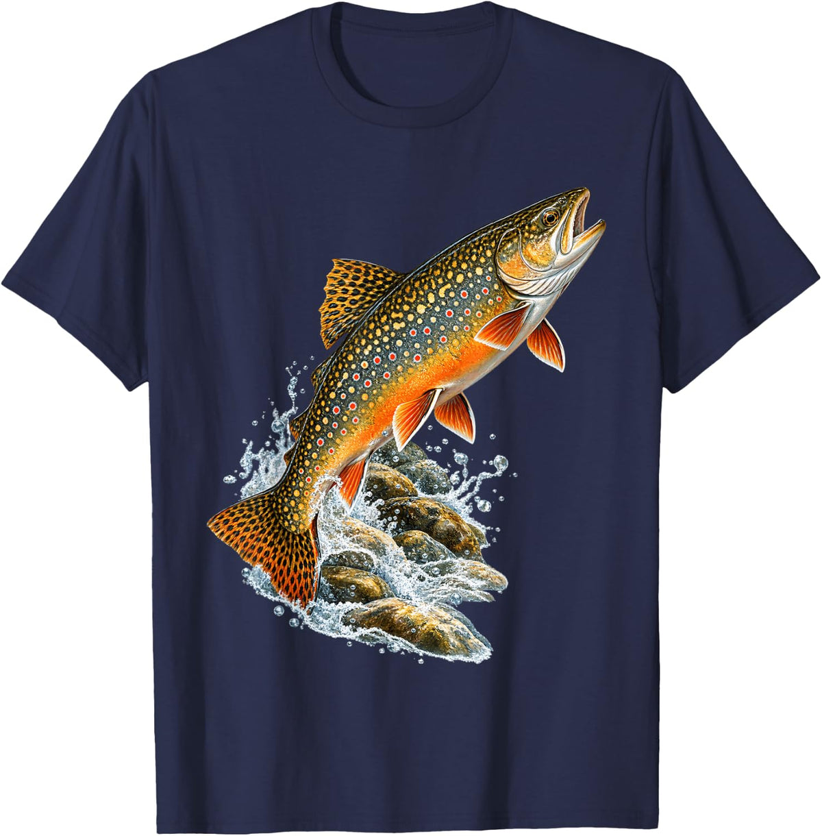 Leaping Brook Trout Over River Rocks T-Shirt - Navy Blue