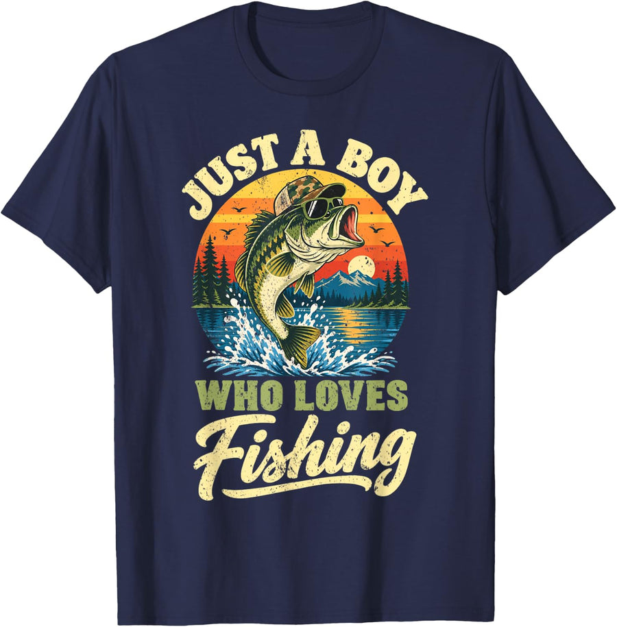 Just A Boy Who Loves Fishing Angler Bass Fish Fisherman T-Shirt - Navy Blue