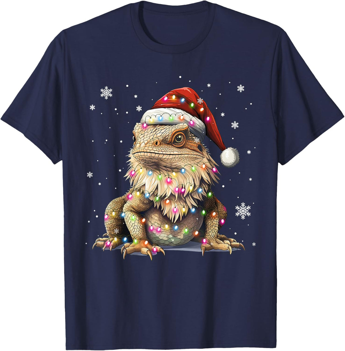 Funny Bearded Dragon Santa Hat Christmas Reptiles Lizard Tee T-Shirt - Navy Blue