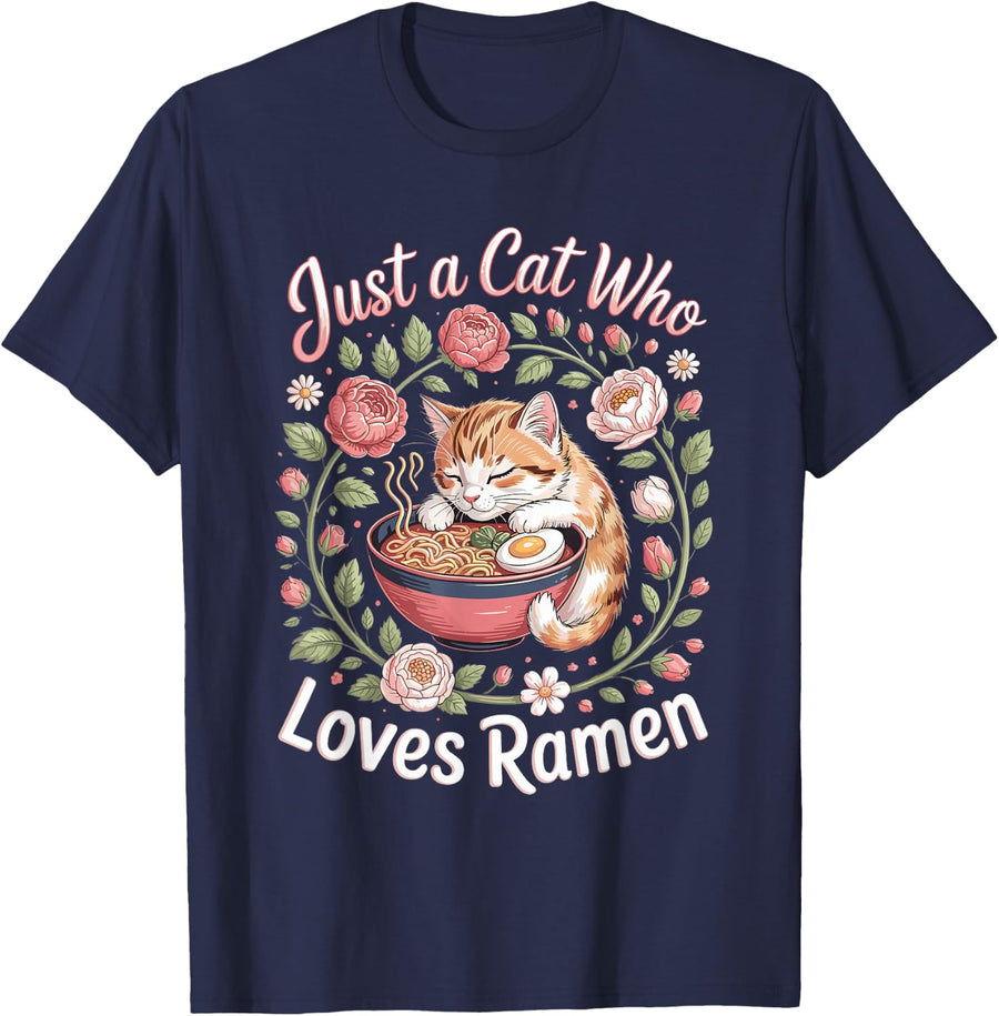 Just a Cat Who Loves Ramen Noodles Japanese Food T-Shirt - Navy Blue