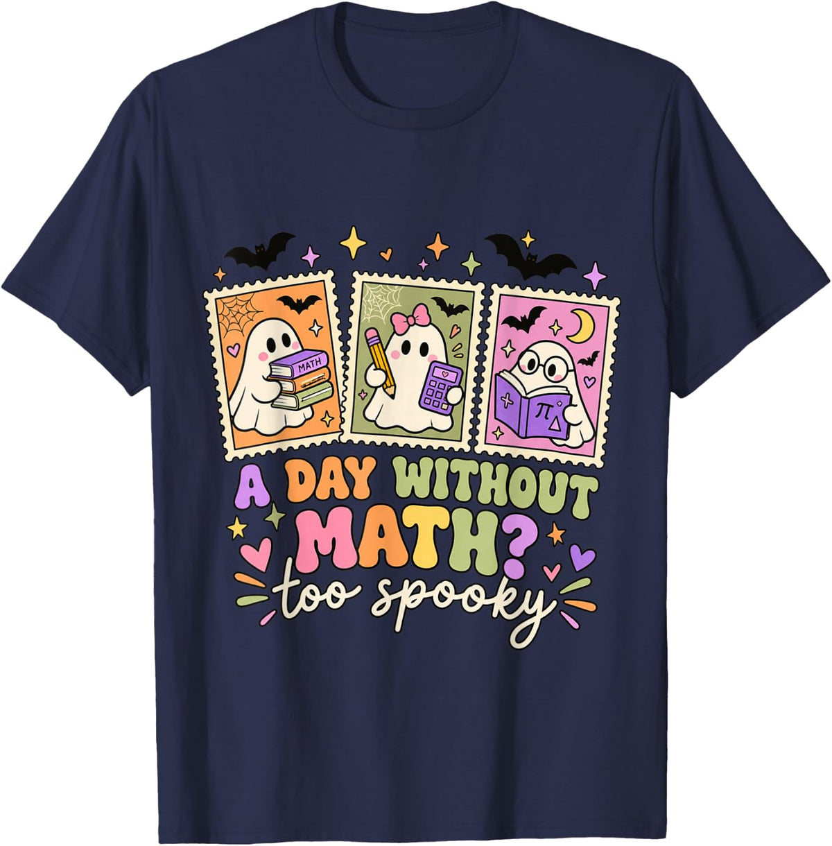 Halloween Math Teacher Ghosts Funny Classroom Math T-Shirt - Navy Blue