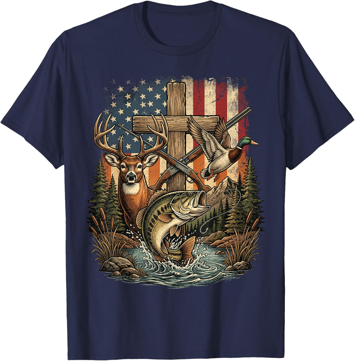 American Flag Cross Deer Duck Bass Fishing Hunting Patriotic T-Shirt - Navy Blue