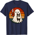 Grumpy Ghost Boston Terrier Holding Coffee Spooky Funny Tee T-Shirt - Navy Blue
