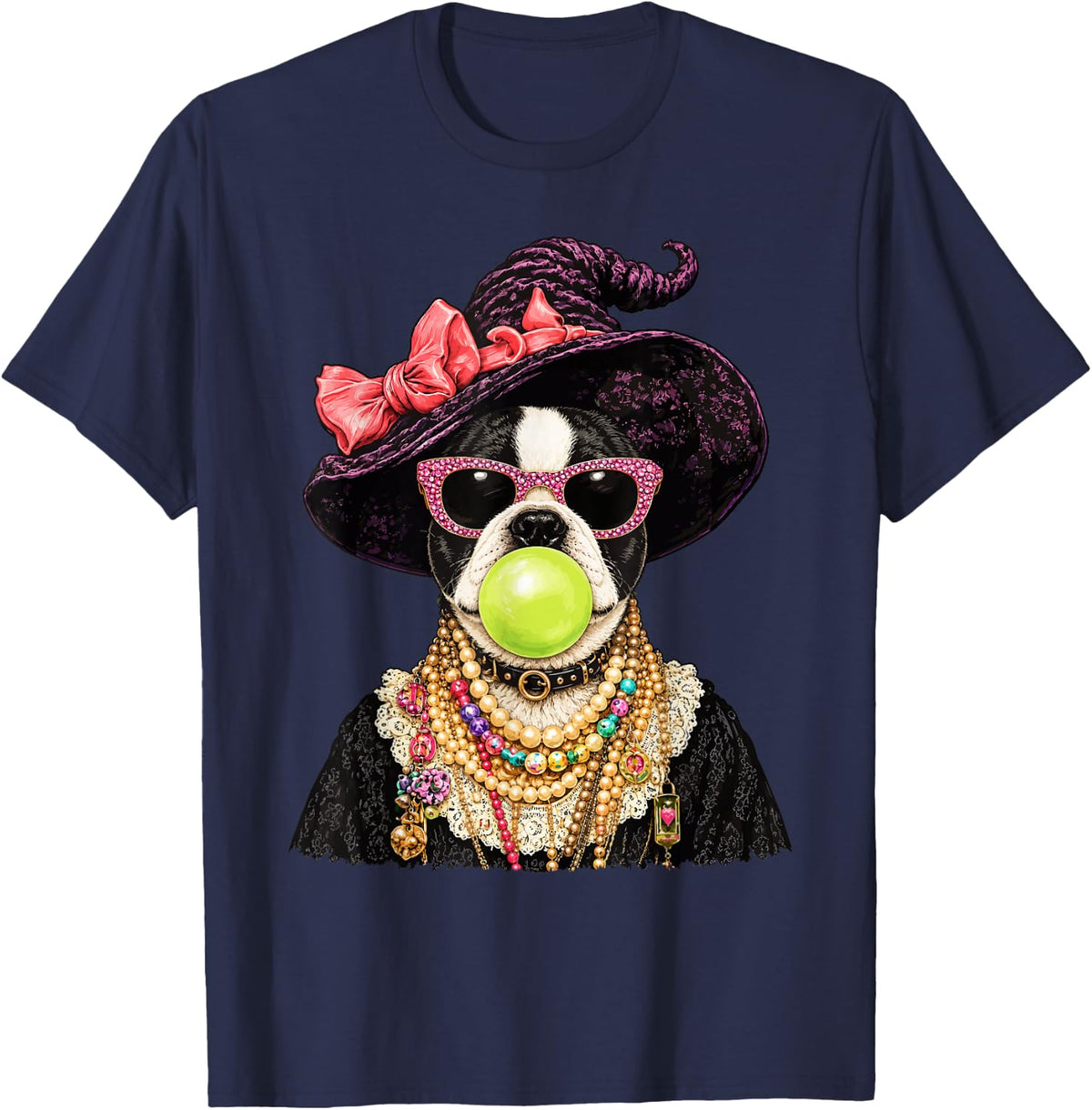 Glam Boston Terrier with Bubblegum Witch Hat Halloween T-Shirt - Navy Blue