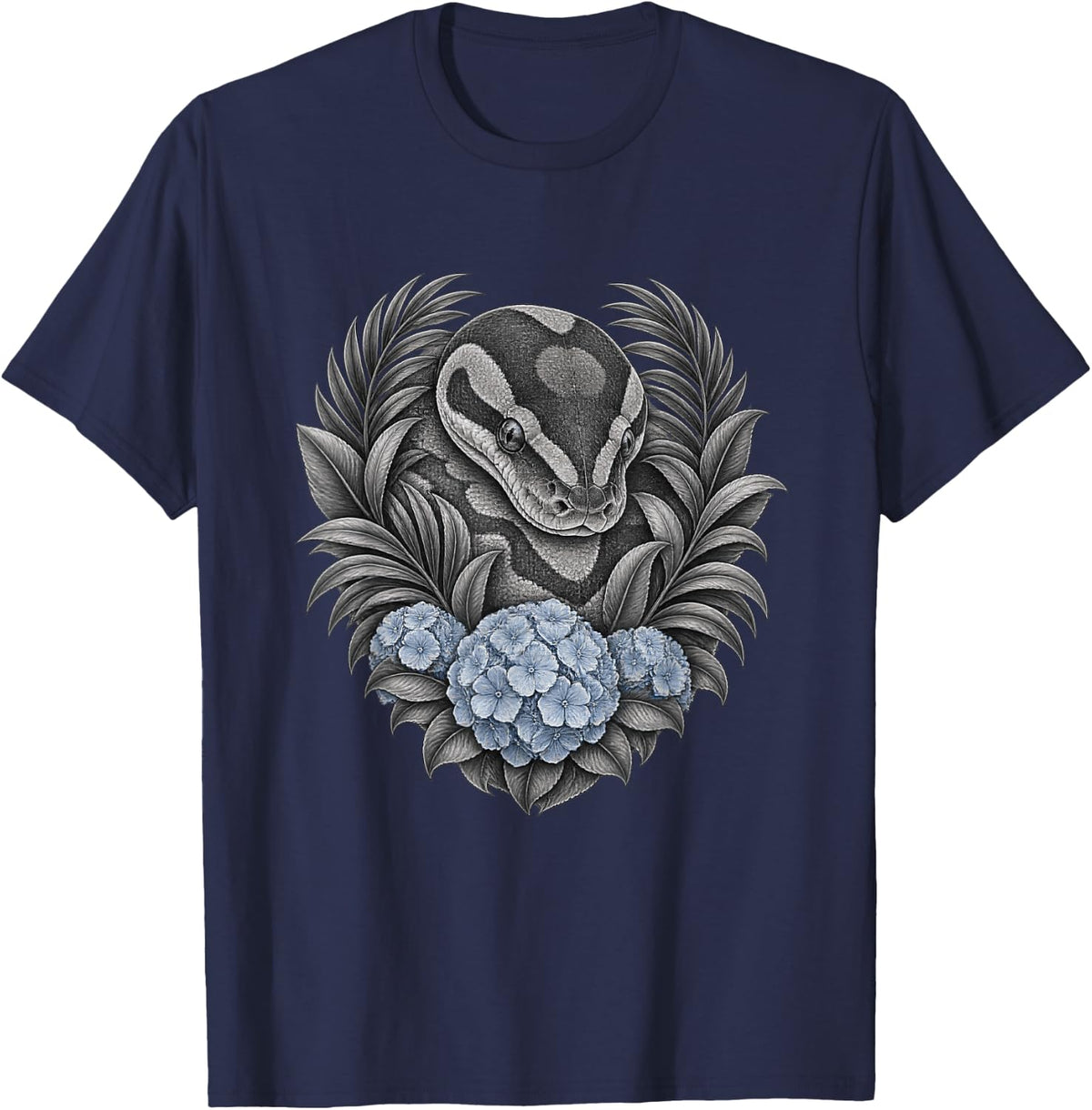 Ball Python with Hydrangea and Arcing Botanical Leaves T-Shirt - Navy Blue