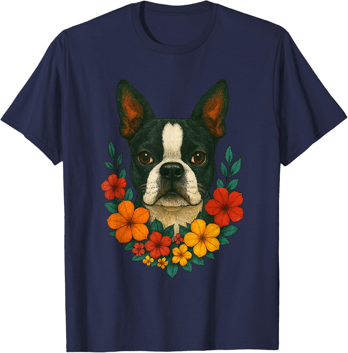 Cute Dog Boston Terrier Floral Pet Spring Flowers Summer T-Shirt - Navy Blue