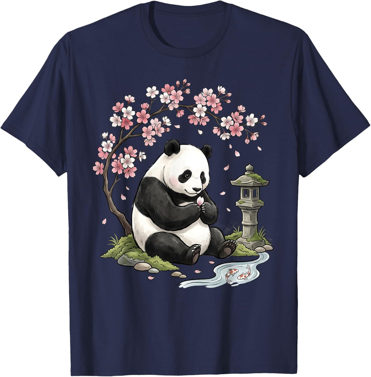 Panda Bear Cherry Blossom Aesthetic T-Shirt - Navy Blue