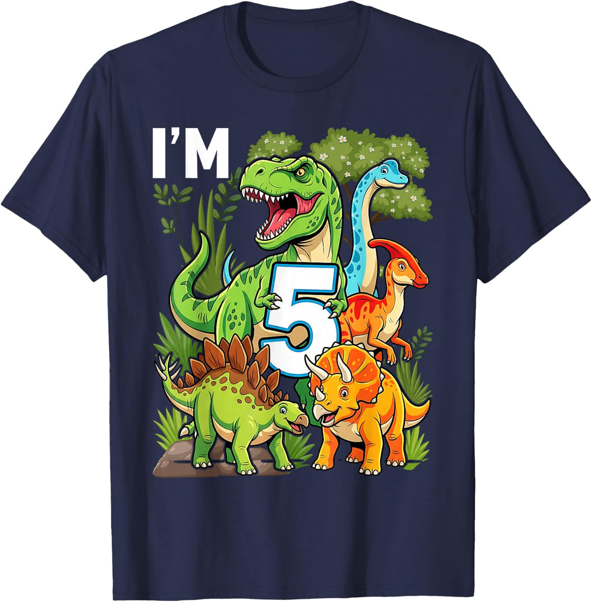 5 Year Old Dinosaurs Birthday 5th Party Paleontologist Boys T-Shirt - Navy Blue