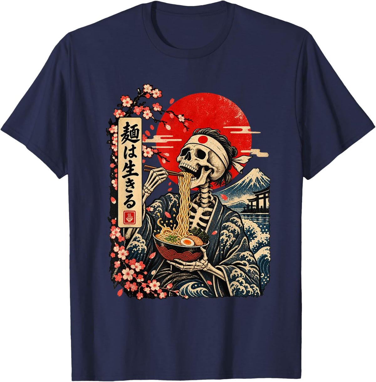 Skull Ramen Skeleton Japanese Noodle Lover Cherry Blossoms T-Shirt - Navy Blue