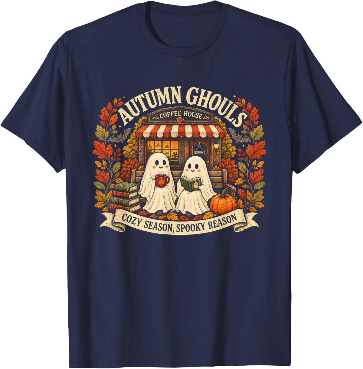 Halloween Cute Ghost Cozy Autumn Ghouls T-Shirt - Navy Blue