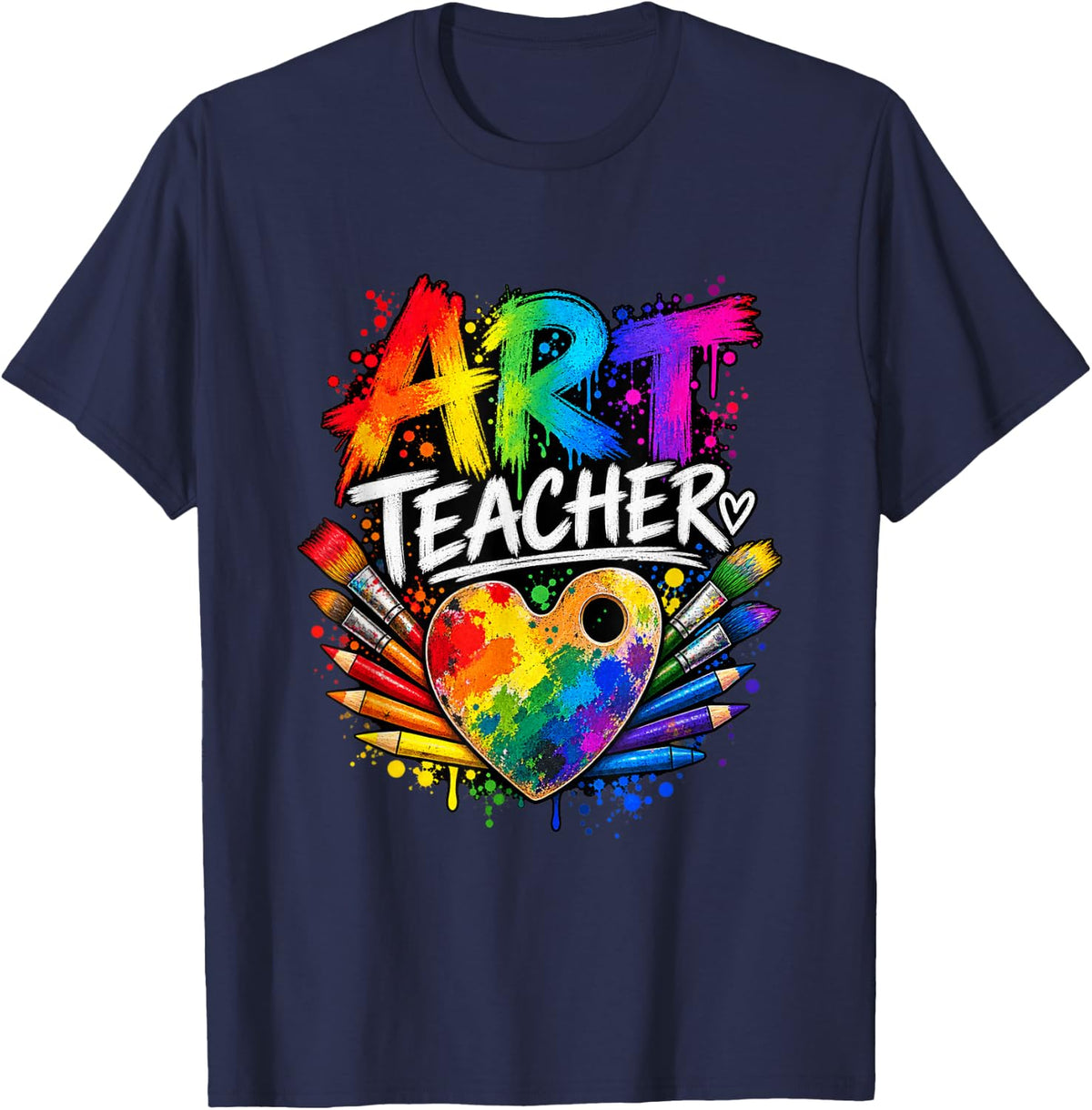 Art Teacher Rainbow Heart Palette Painting Brushes T-Shirt - Navy Blue