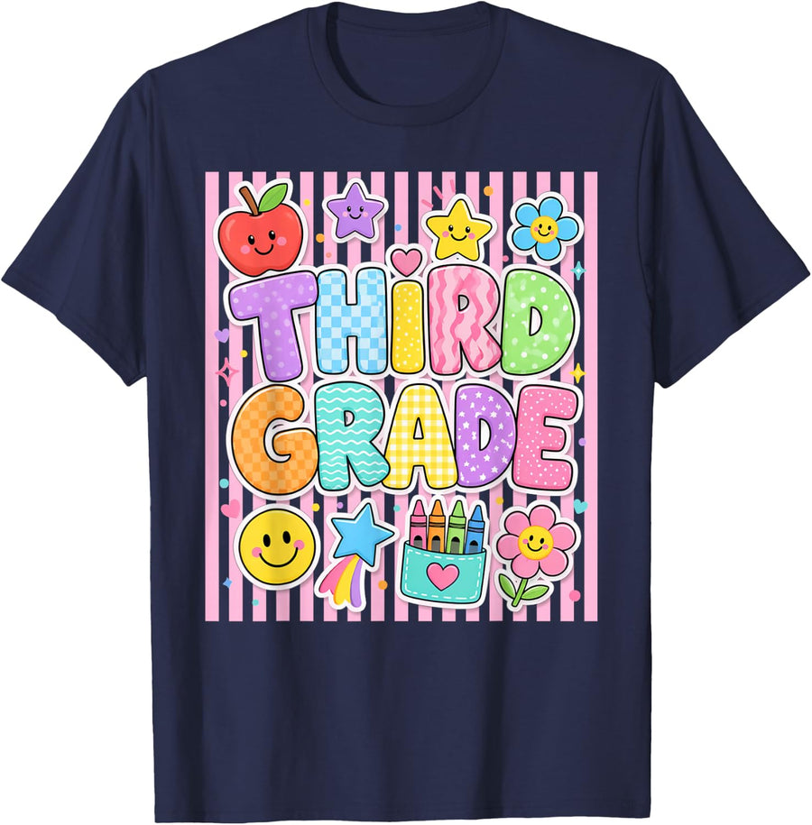 Striped Preppy Third Grade Back to School Teacher Girl Kids T-Shirt - Navy Blue