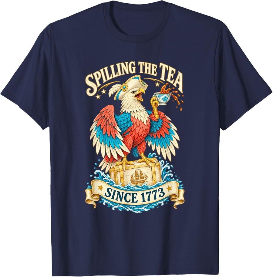 Tricorn Eagle Tea Chest 4th of July History Spilling The Tea T-Shirt - Navy Blue