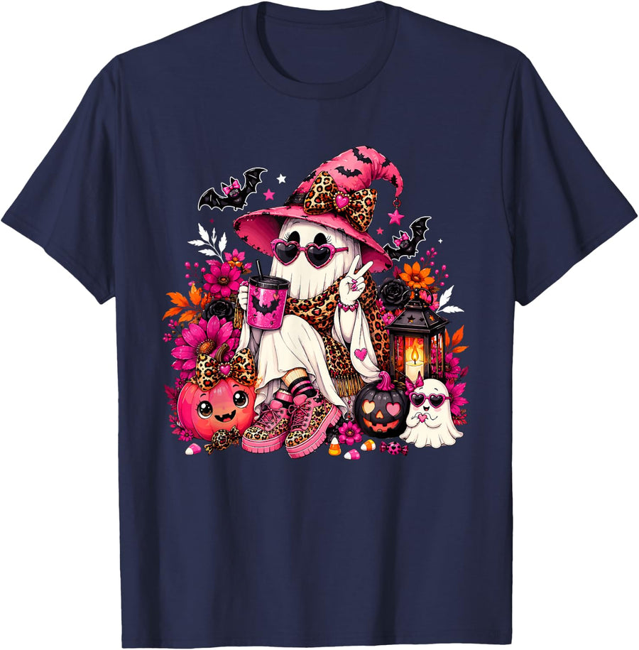 Coquette Pink Ghost Witch Hat Pumpkin Spooky Season Girly T-Shirt - Navy Blue