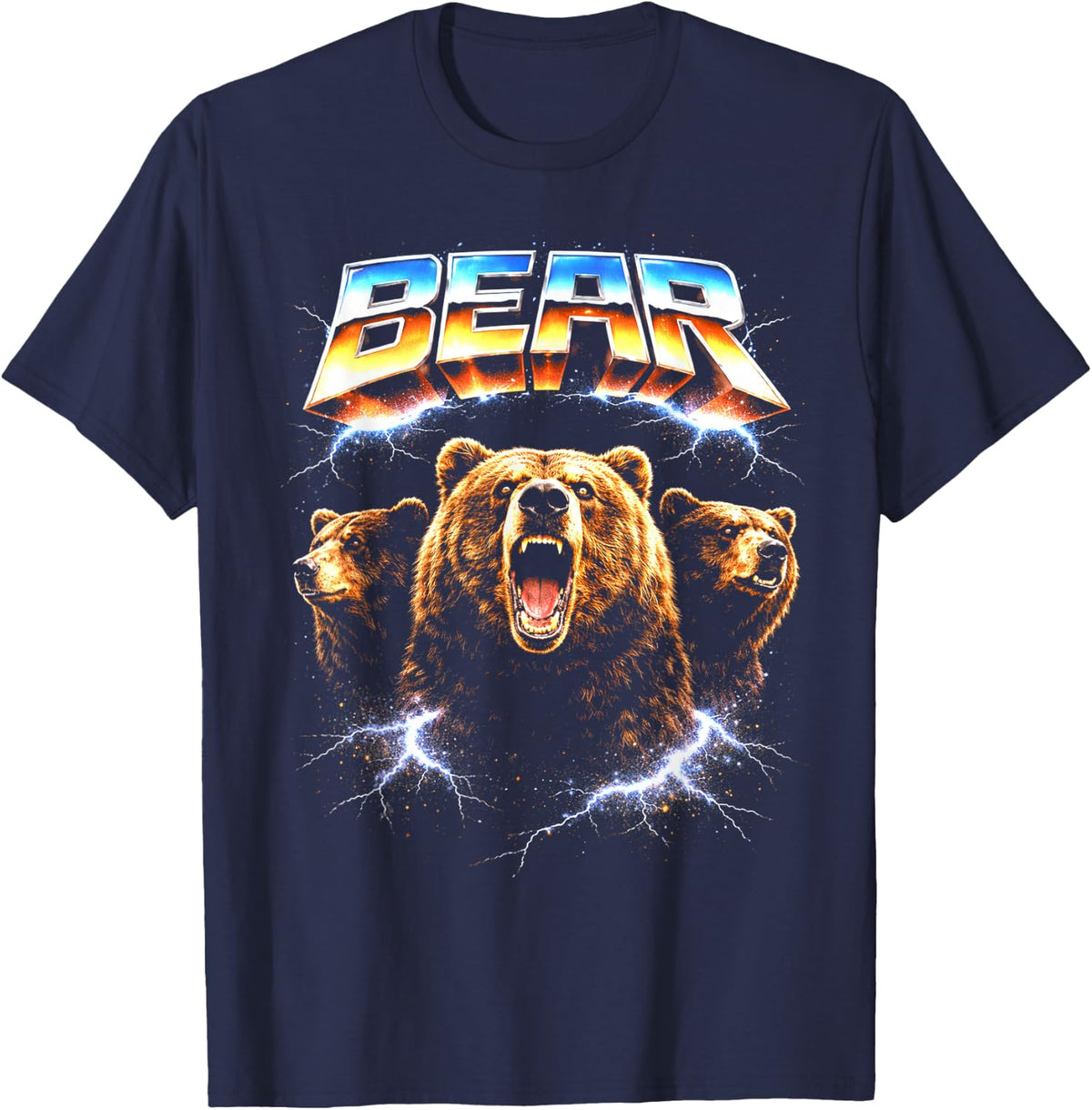 Bear Heavy Metal 80s Rock Music Metalhead Electric Guitar T-Shirt - Navy Blue