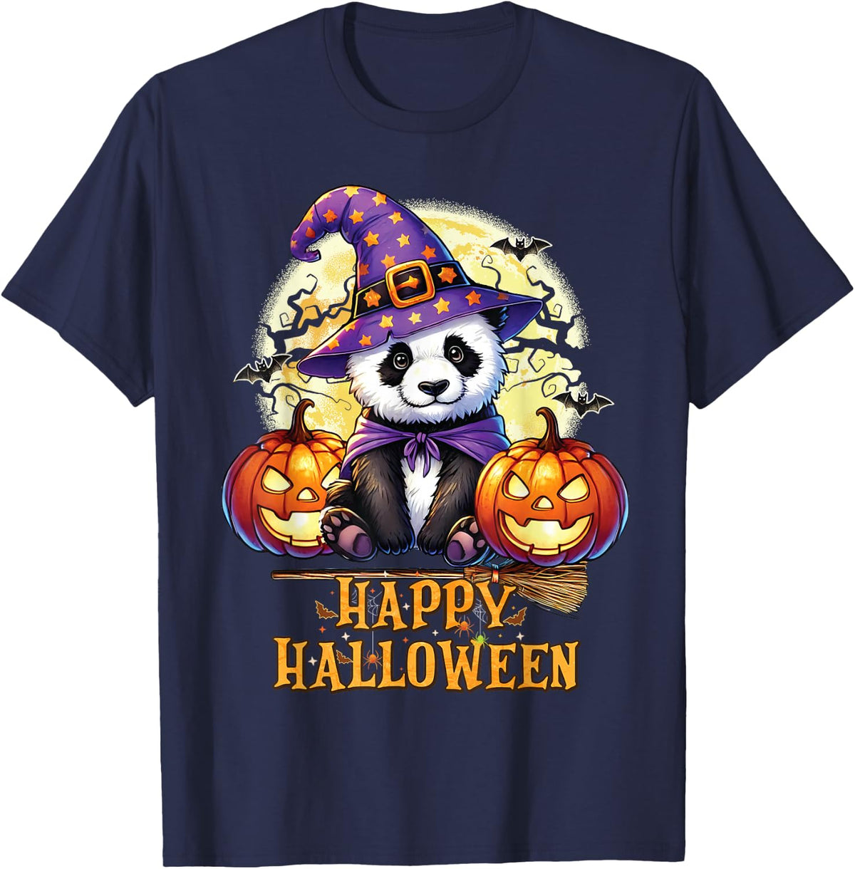 Halloween Cute Animal Witch Hat Pumpkin Spooky Panda T-Shirt - Navy Blue
